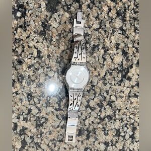 SWATCH Silver Floral Metal Band Watch women’s